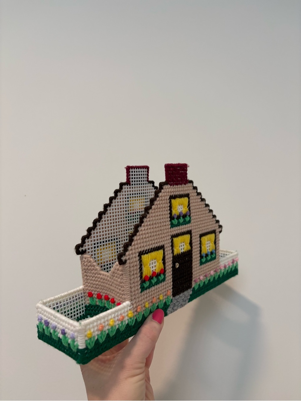 Handcrafted Beige Cross-Stitch House Kitchen Organizer